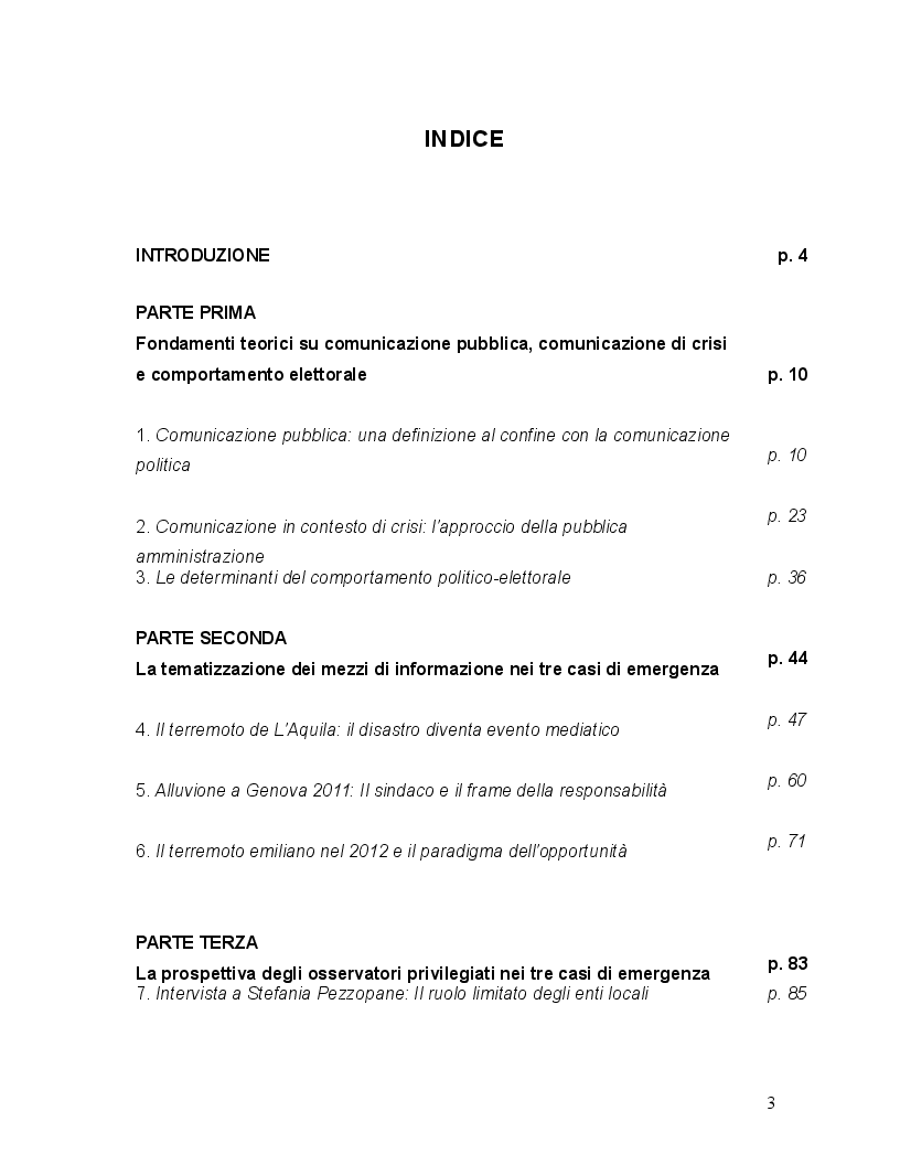 Indice della tesi: Comunicazione di crisi delle pubbliche amministrazioni. Quale influenza sul voto?, Pagina 1