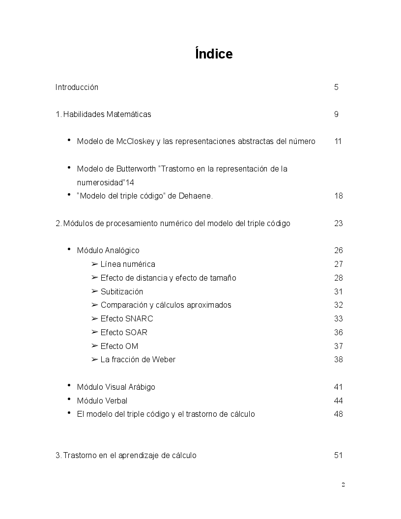 Indice della tesi: Evaluación de los módulos de codificación numérica en niños con trastorno de cálculo. , Pagina 1