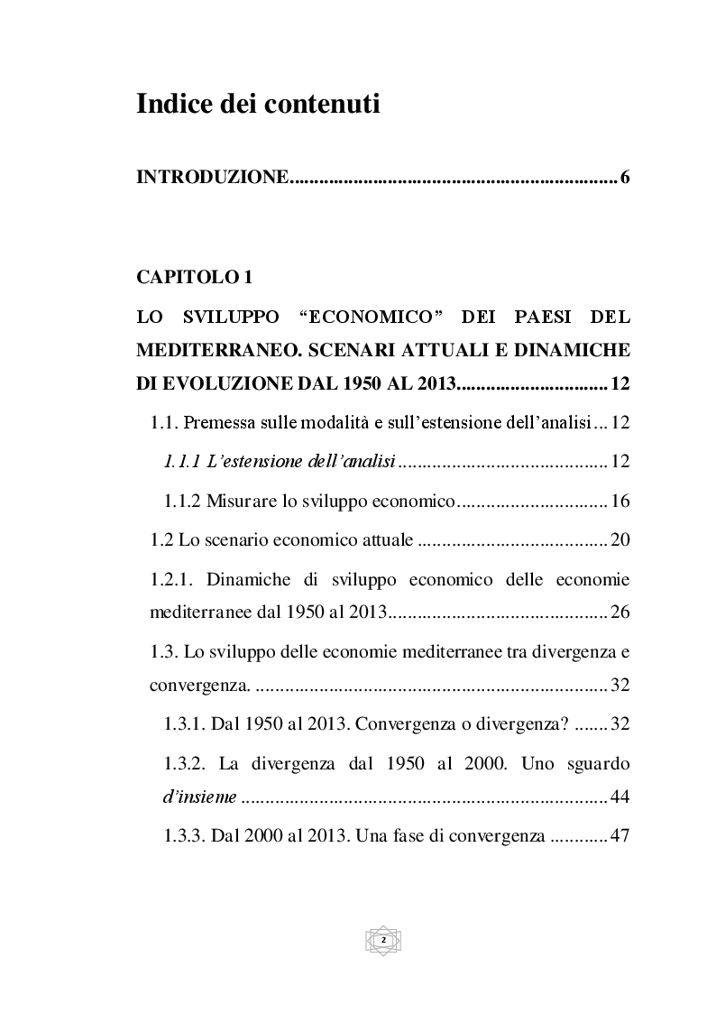 Indice della tesi: Lo sviluppo economico dei paesi del Mediterraneo dal 1950 al 2013, Pagina 1