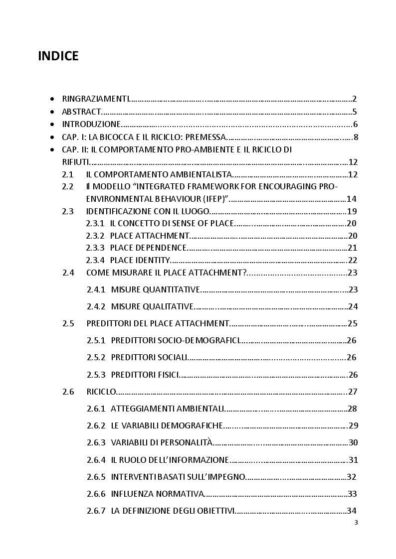 Indice della tesi: Comportamento ambientalista e identificazione con il luogo di lavoro, Pagina 1