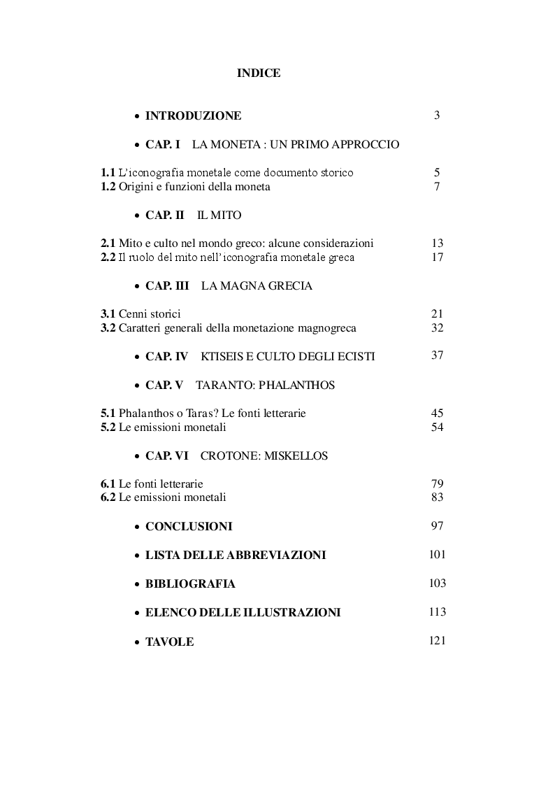 Indice della tesi: I miti fondatori nell'iconografia monetale magnogreca: il caso di Taranto e Crotone, Pagina 1