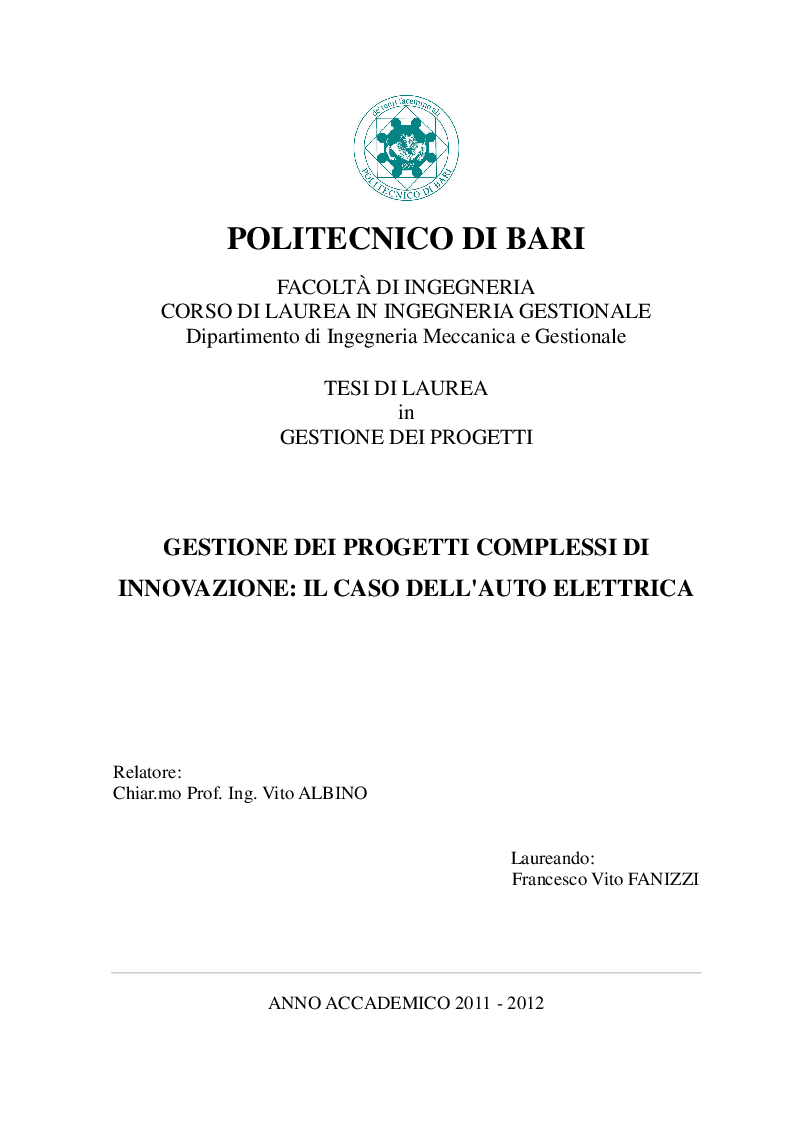 Anteprima della tesi: Gestione dei progetti complessi di innovazione: il caso dell'auto elettrica., Pagina 1