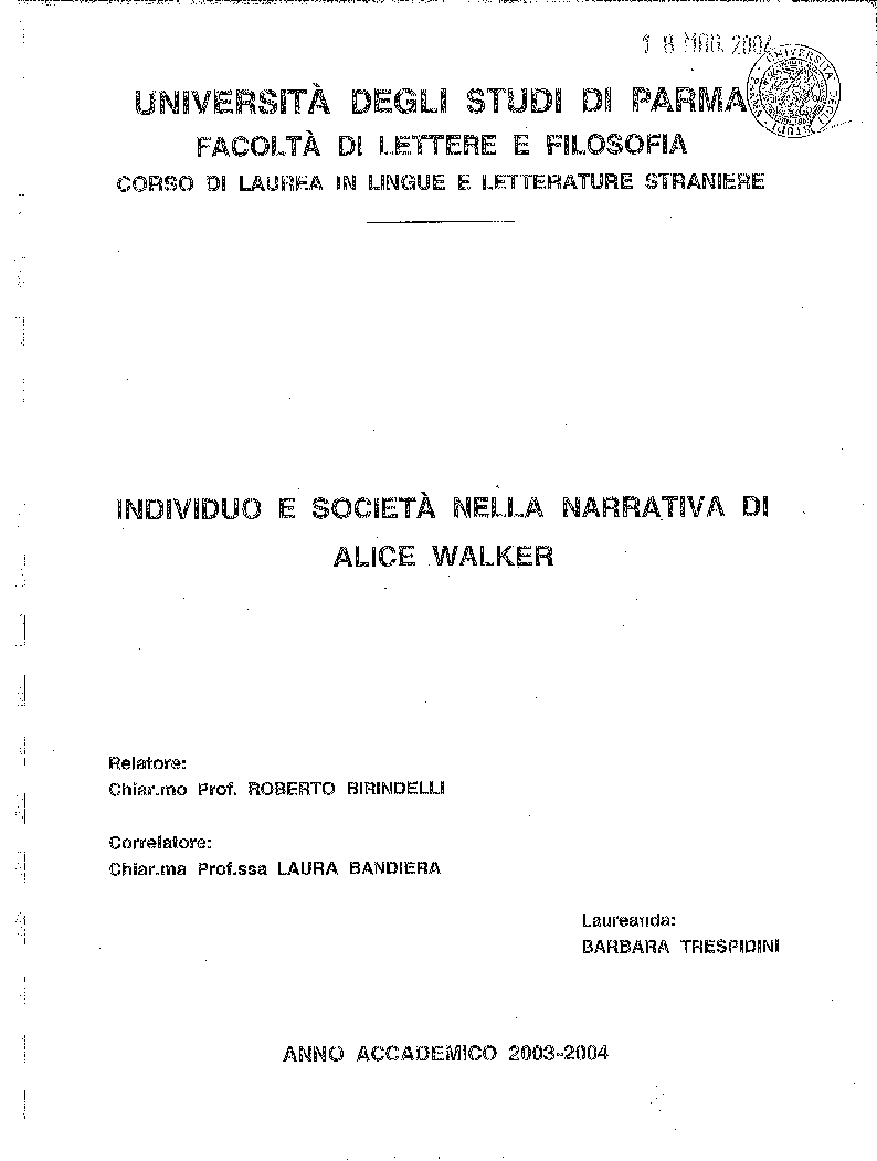 Anteprima della tesi: Individuo e società nella narrativa di Alice Walker, Pagina 1