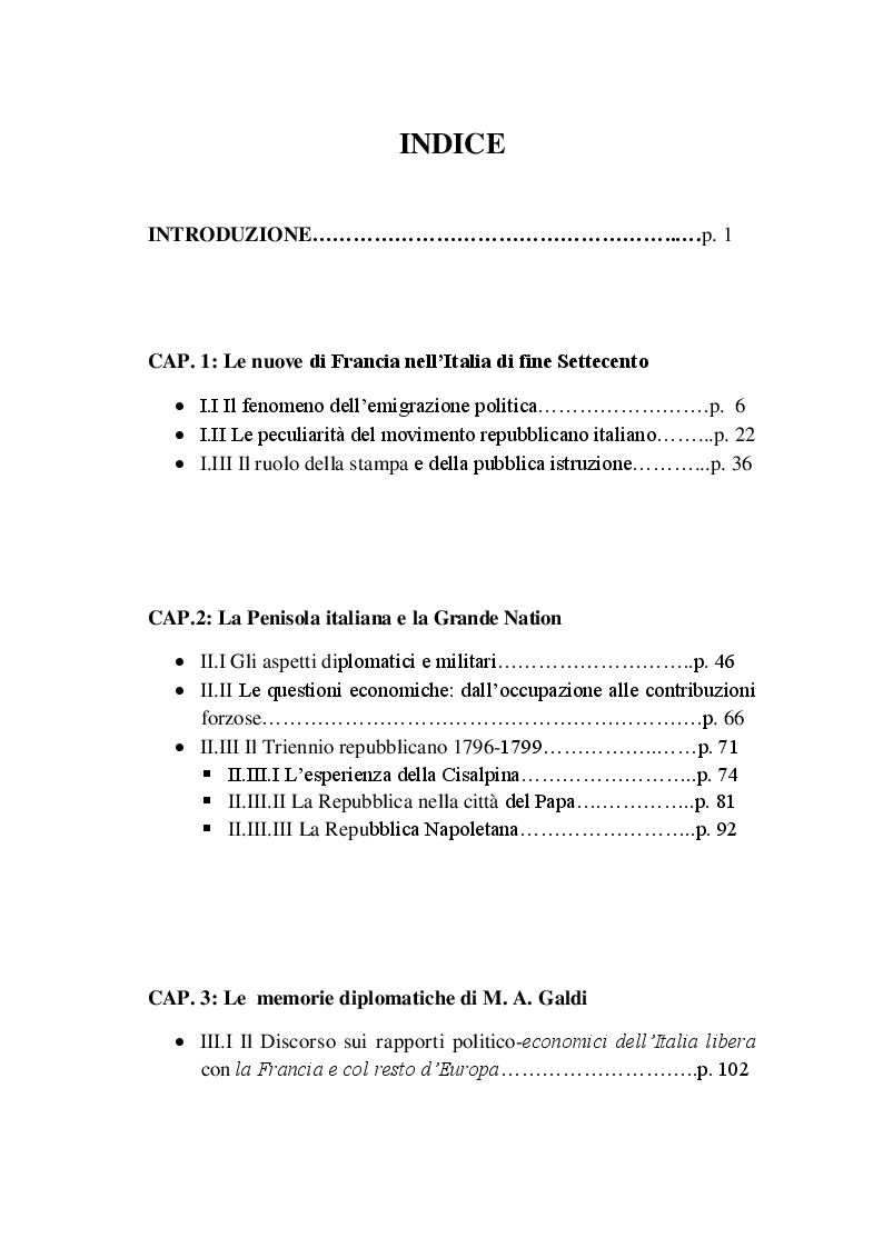 Indice della tesi: M.A. Galdi (1765-1821). Italia libera tra Grande Nation e Mediterraneo, Pagina 1
