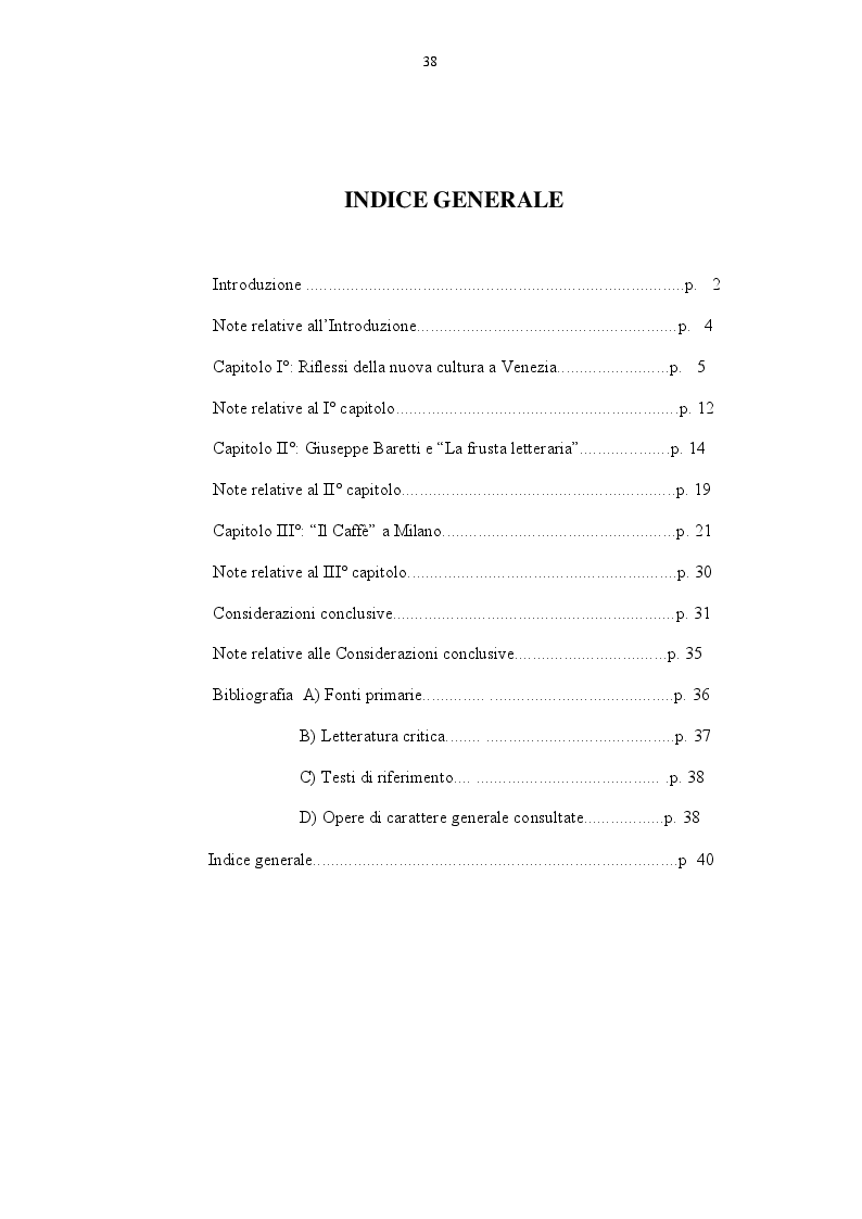Indice della tesi: Aspetti e momenti della critica letteraria nel giornalismo veneziano e milanese del Settecento., Pagina 1