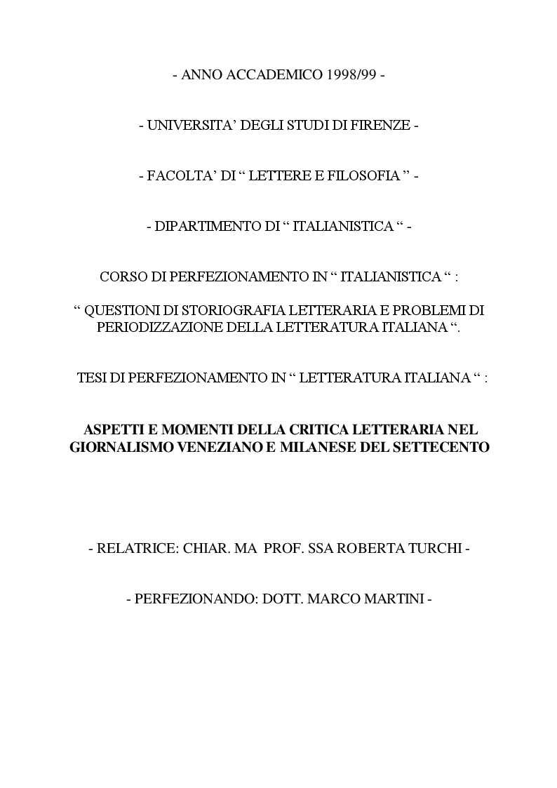 Anteprima della tesi: Aspetti e momenti della critica letteraria nel giornalismo veneziano e milanese del Settecento., Pagina 1