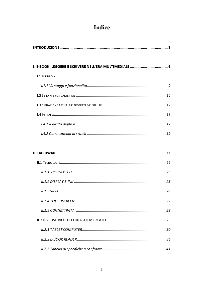 Indice della tesi: E-book: progetto e realizzazione di libri in formato digitale, Pagina 1