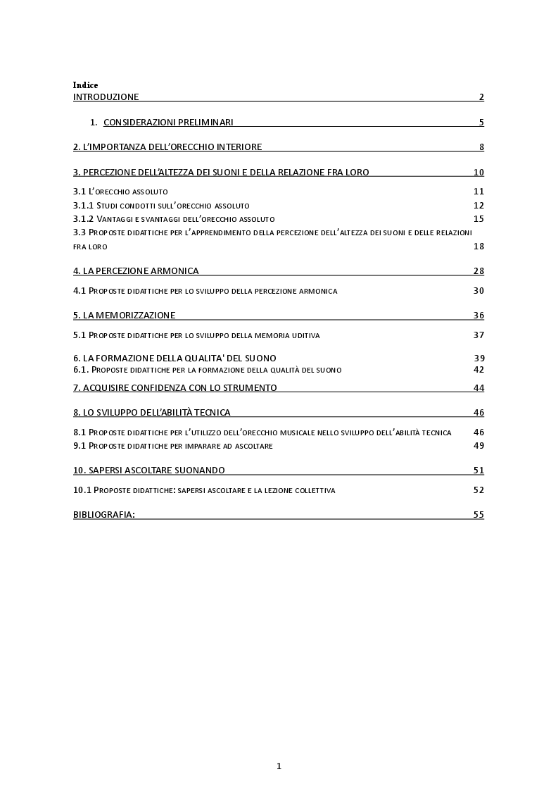 Indice della tesi: La formazione dell'orecchio musicale nella fase iniziale della pratica pianistica, Pagina 1