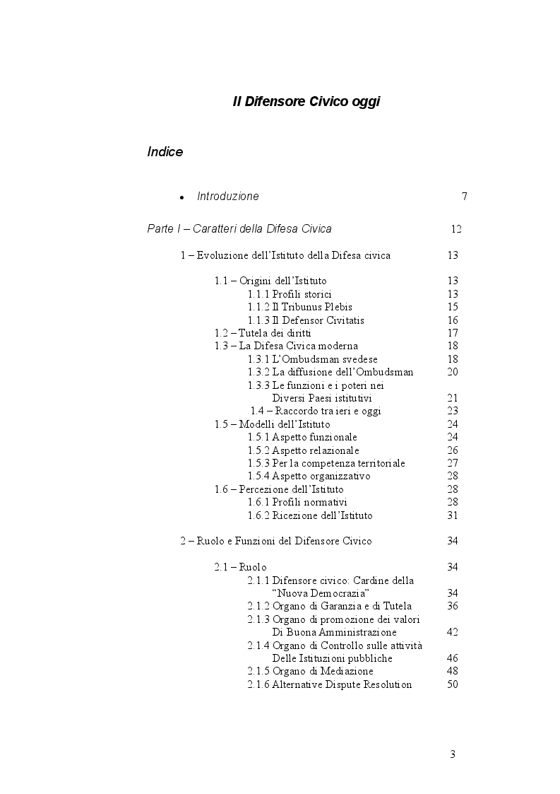 Indice della tesi: Il Difensore civico oggi, Pagina 1
