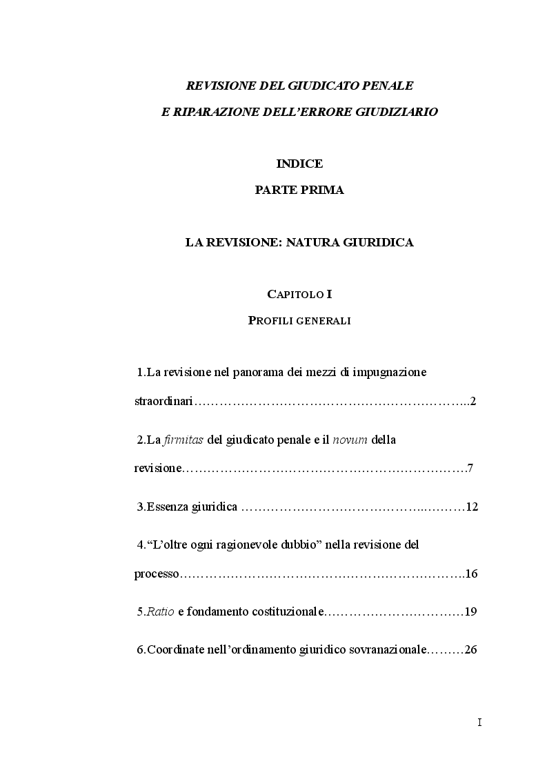 Indice della tesi: Revisione del giudicato penale e riparazione dell'errore giudiziario, Pagina 1