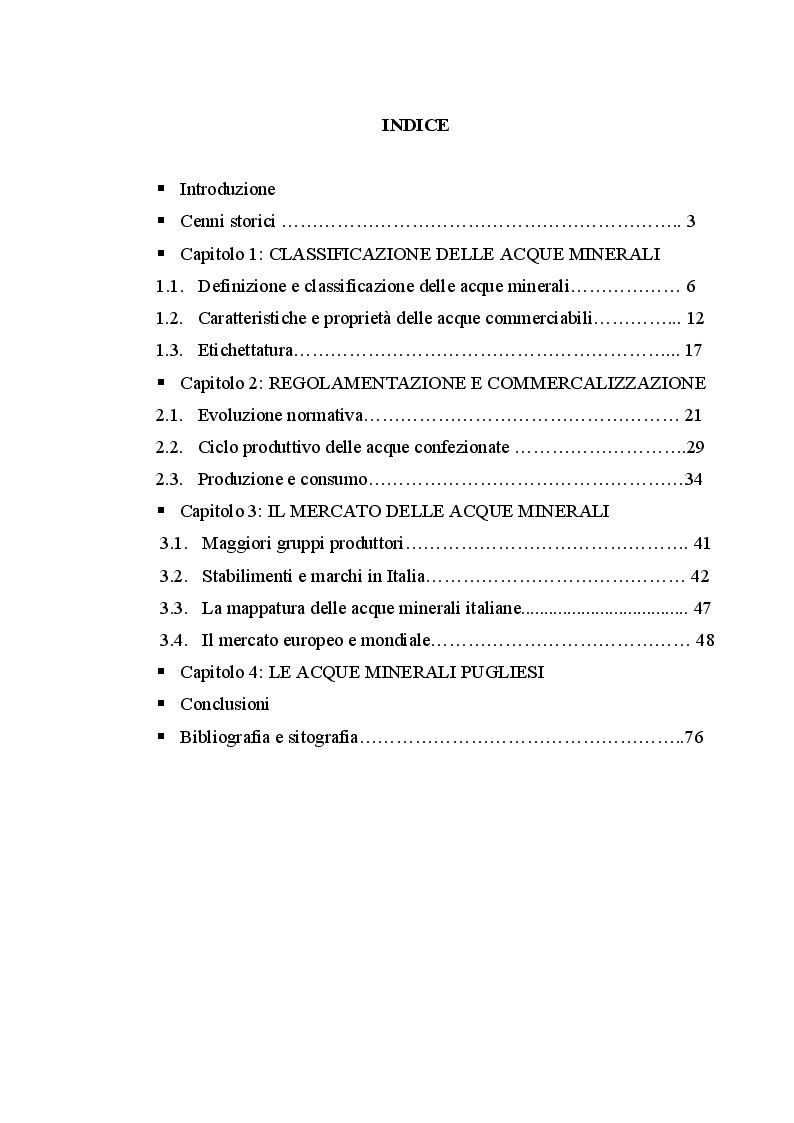 Indice della tesi: Il mercato delle acque minerali, Pagina 1