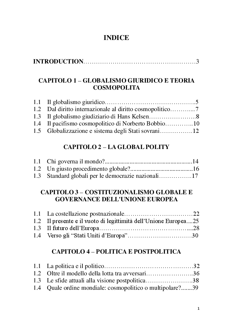 Indice della tesi: Le teorie del globalismo giuridico e della democrazia transnazionale, Pagina 1