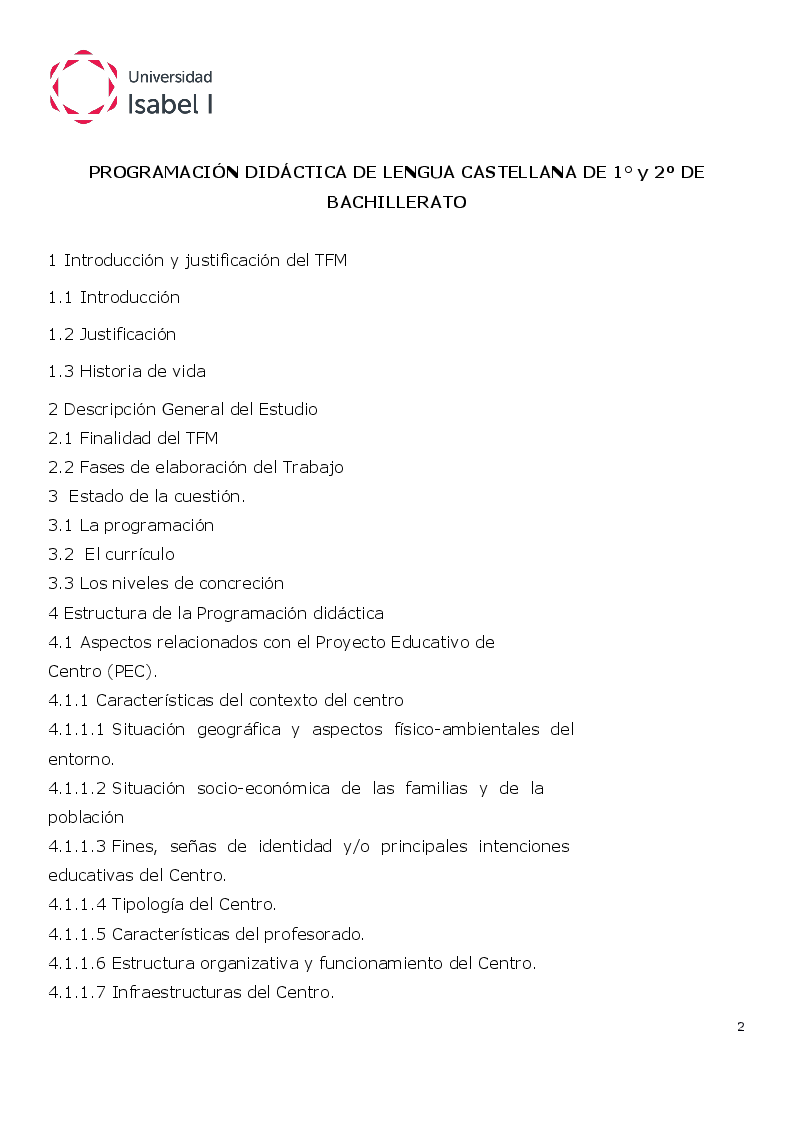 Indice della tesi: Programación Didáctica de Lengua Castellana de 1° Y 2º de Bachillerato, Pagina 1