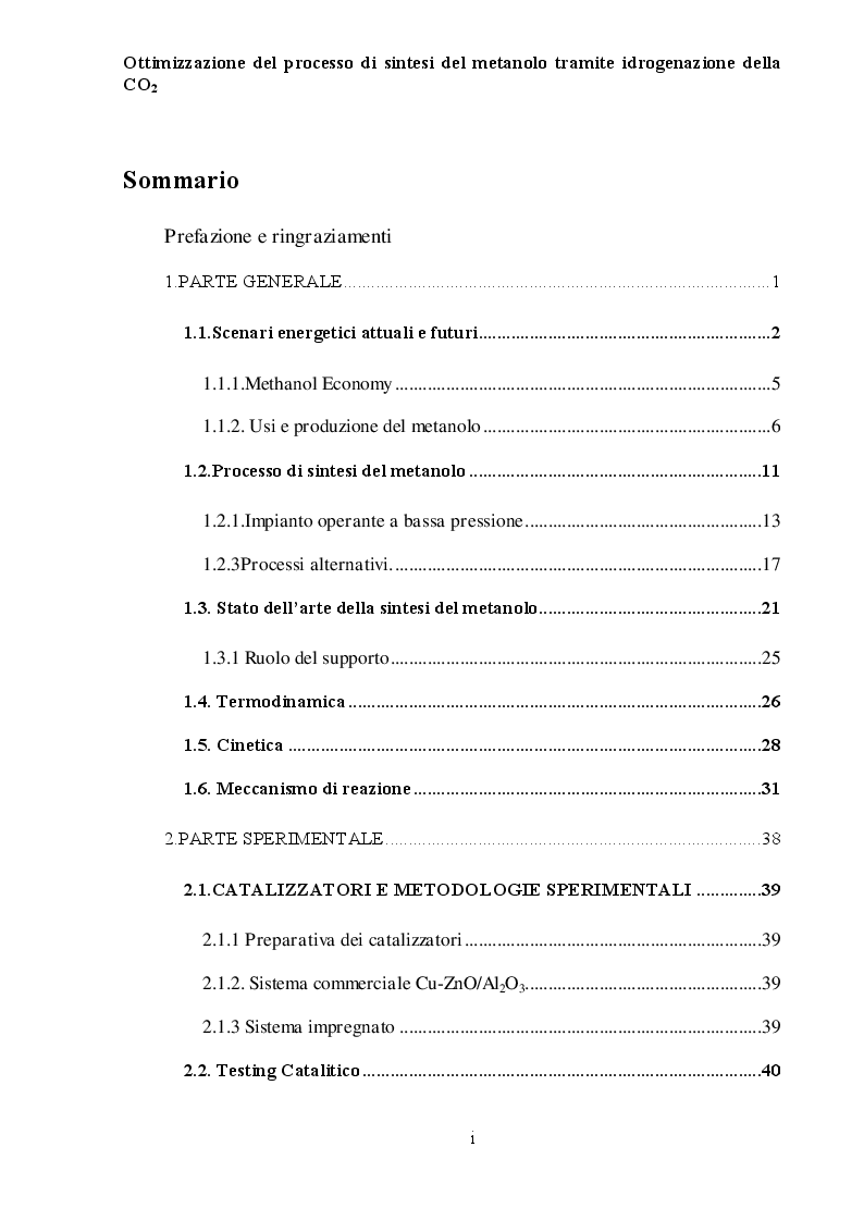 Indice della tesi: Ottimizzazione del processo di sintesi del metanolo tramite idrogenazione della CO2, Pagina 1