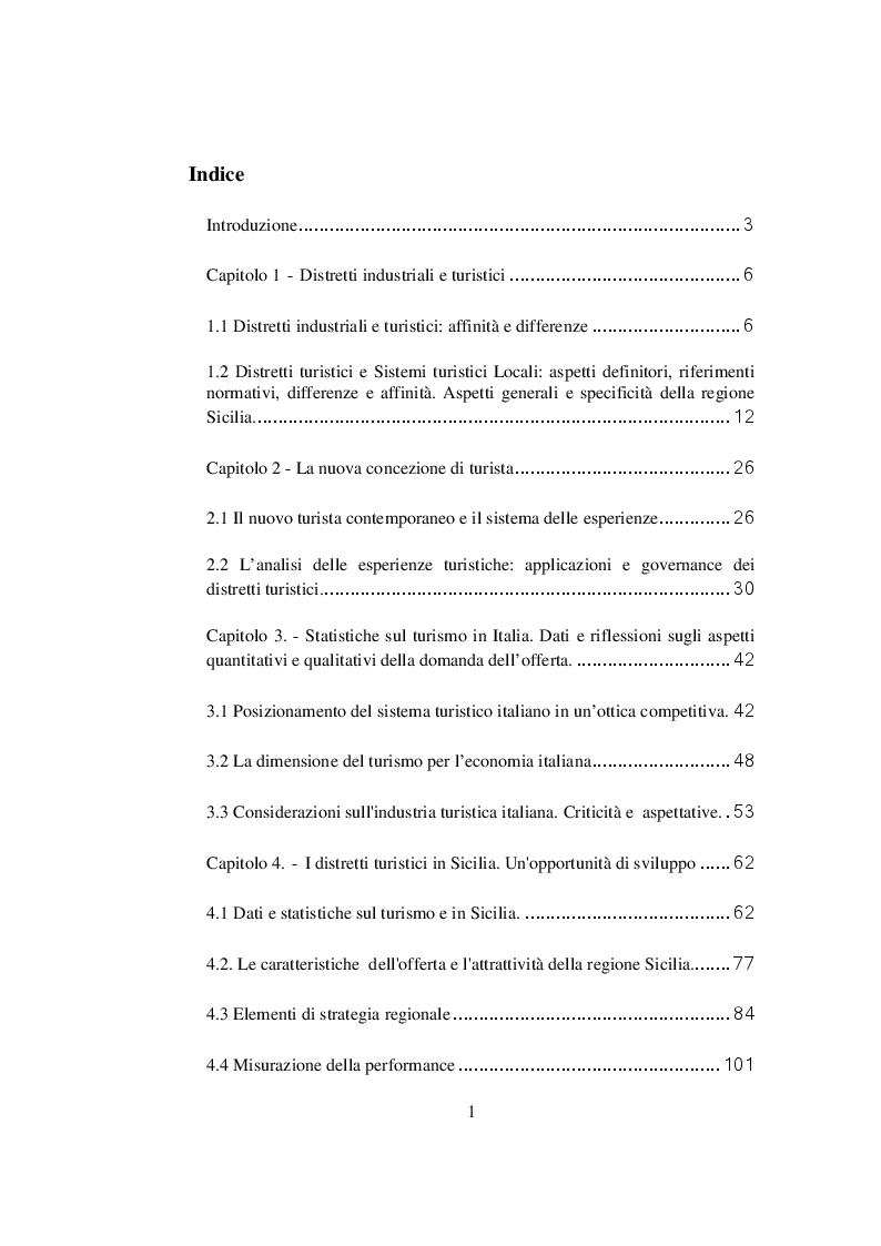 Indice della tesi: Lo sviluppo del Turismo come leva economica. Il caso dei distretti turistici della Regione Sicilia, Pagina 1