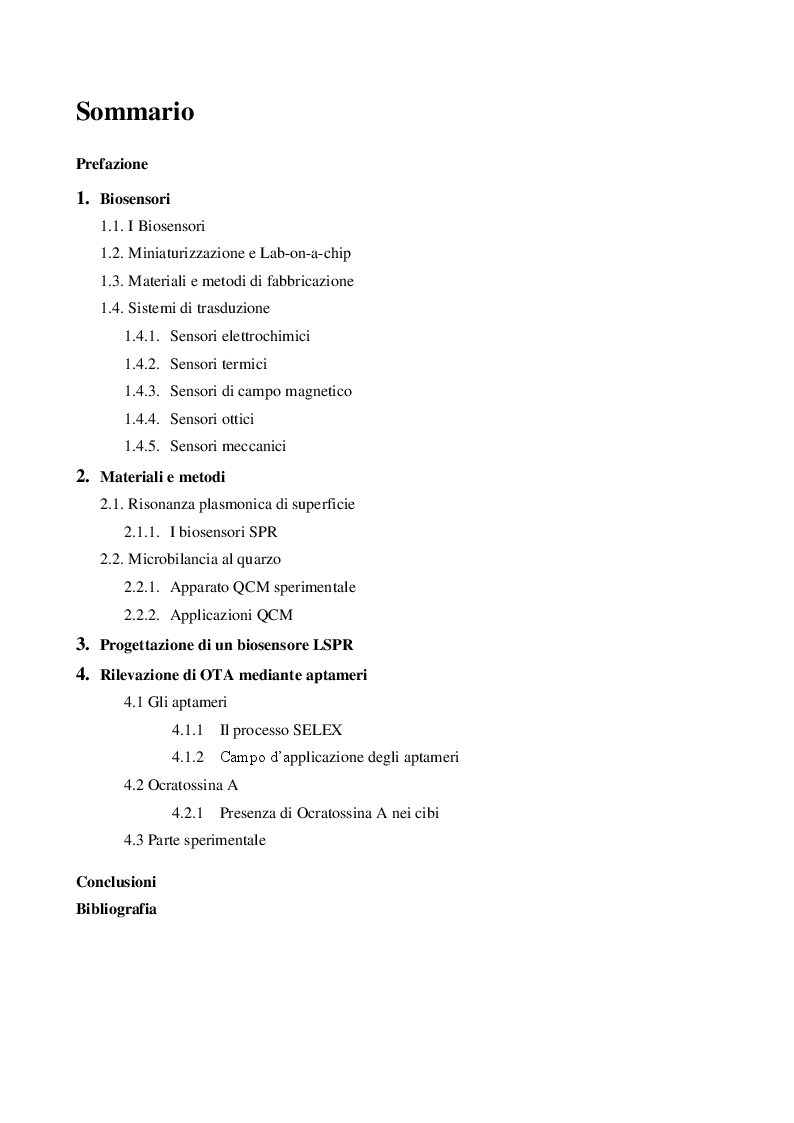 Indice della tesi: Rilevazione di Ocratossina A mediante QCM e SPR, Pagina 1