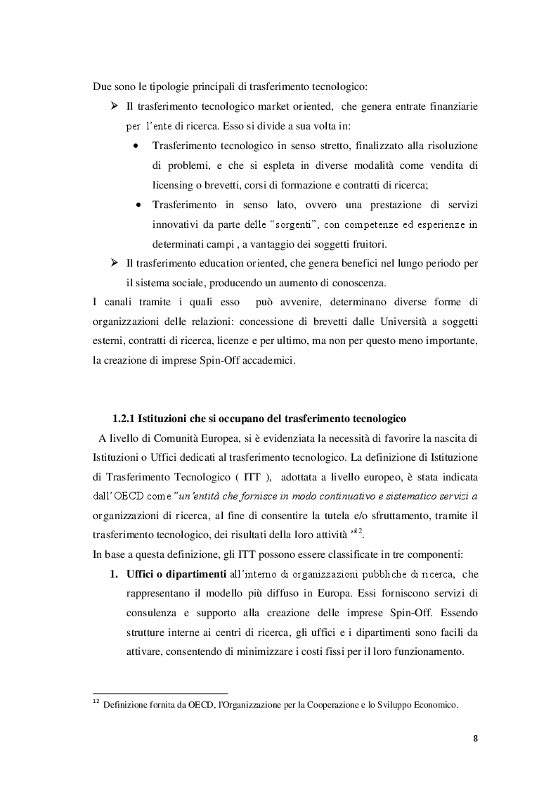 Estratto dalla tesi: Spin-Off accademici e trasferimento tecnologico: esperienza italiana ed europea a confronto