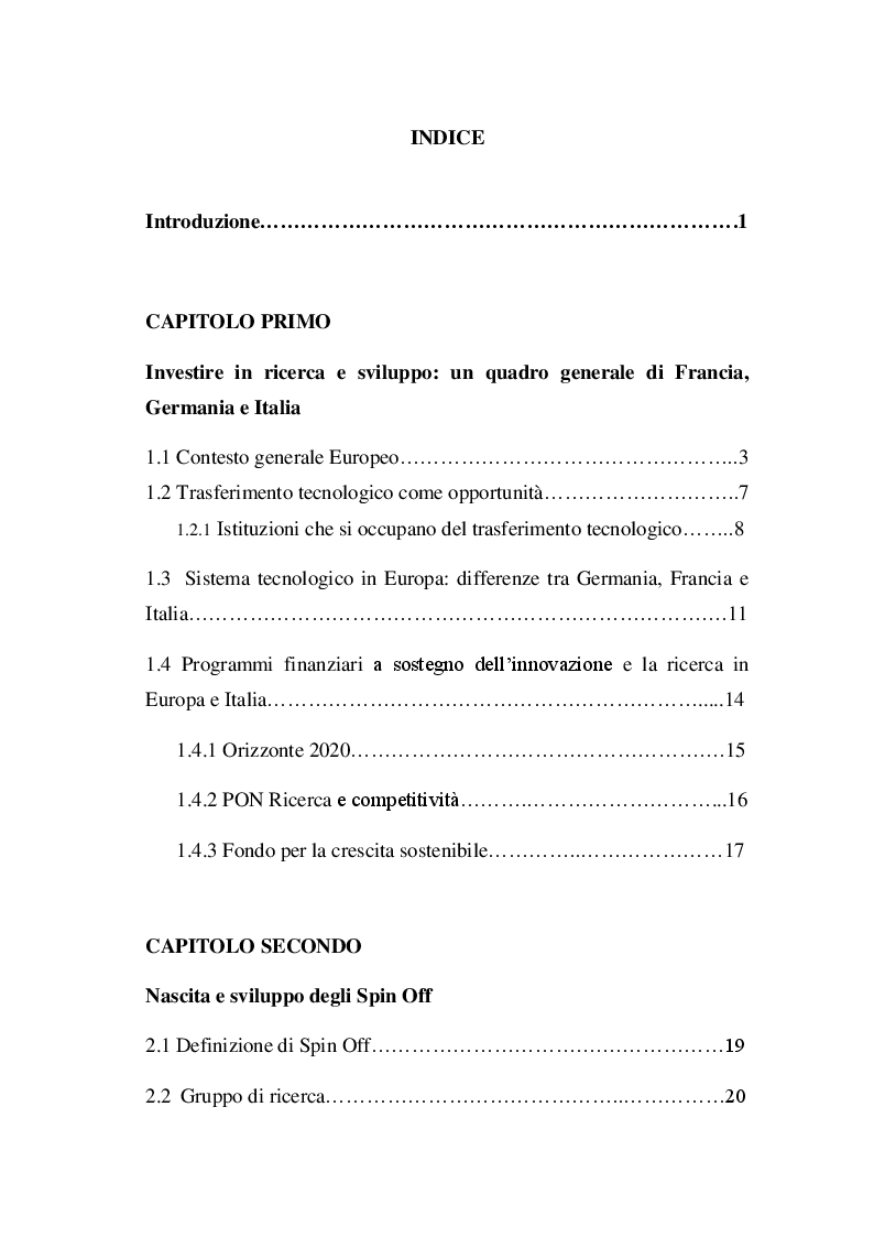 Indice della tesi: Spin-Off accademici e trasferimento tecnologico: esperienza italiana ed europea a confronto, Pagina 1