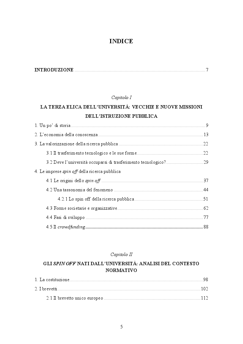Indice della tesi: Spin off e trasferimento tecnologico: l'università si fa impresa., Pagina 1