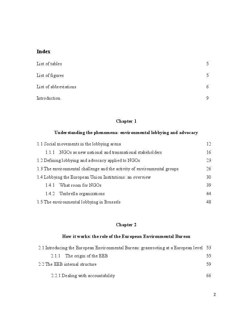 Indice della tesi: Greening the Common Agricultural Policy: the European Environmental Bureau lobbying action, Pagina 1