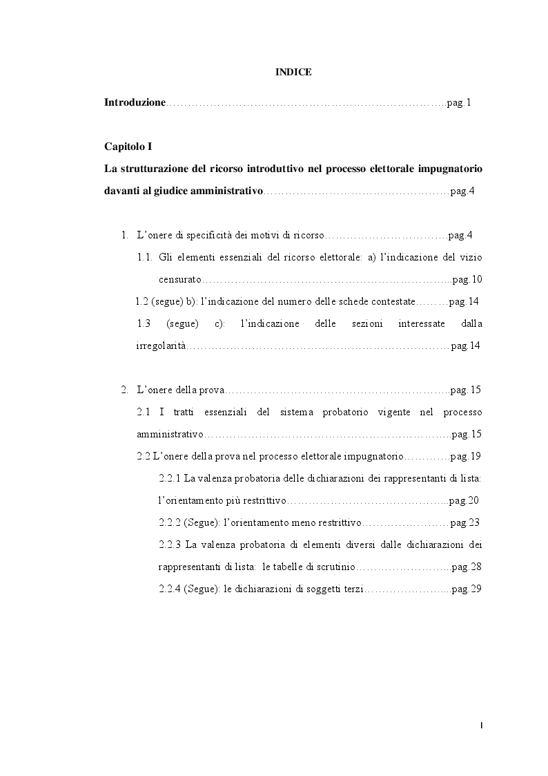 Indice della tesi: Specificità dei motivi di ricorso e onere della prova nel processo in materia di operazioni elettorali, Pagina 1