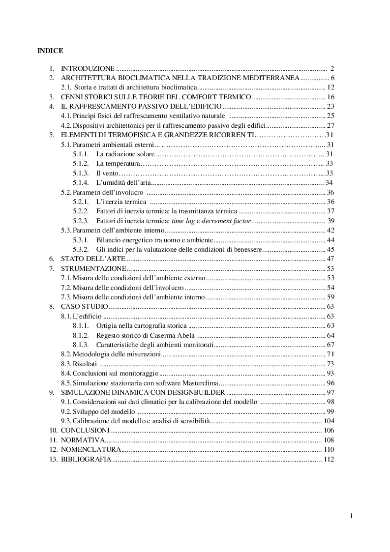 Indice della tesi: Il raffrescamento passivo degli edifici storici. Sinergia tra massa termica e ventilazione naturale, Pagina 1