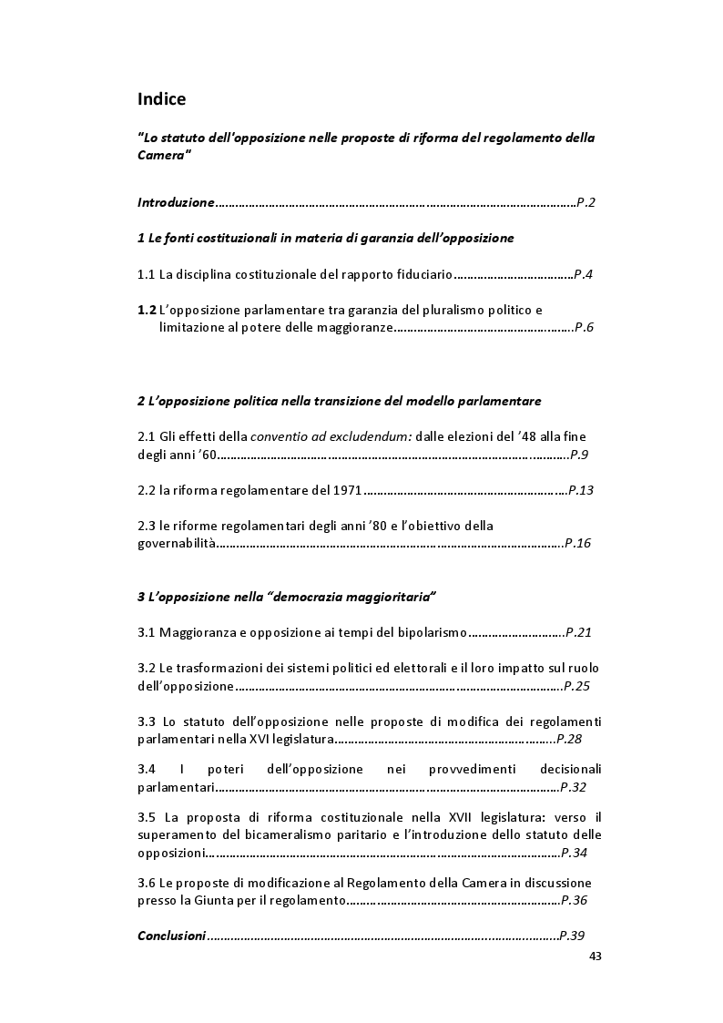 Indice della tesi: Lo statuto dell'opposizione nelle proposte di riforma del Regolamento della Camera, Pagina 1