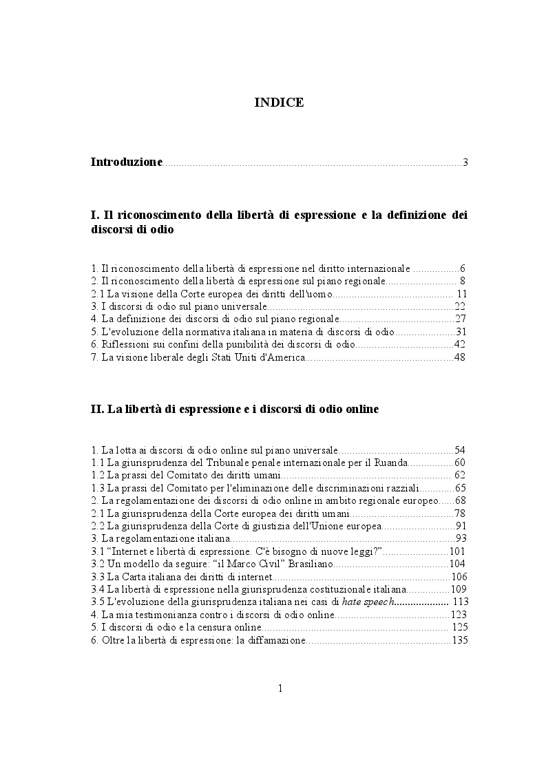 Indice della tesi: Oltre la libertà di espressione: i discorsi di odio online, Pagina 1