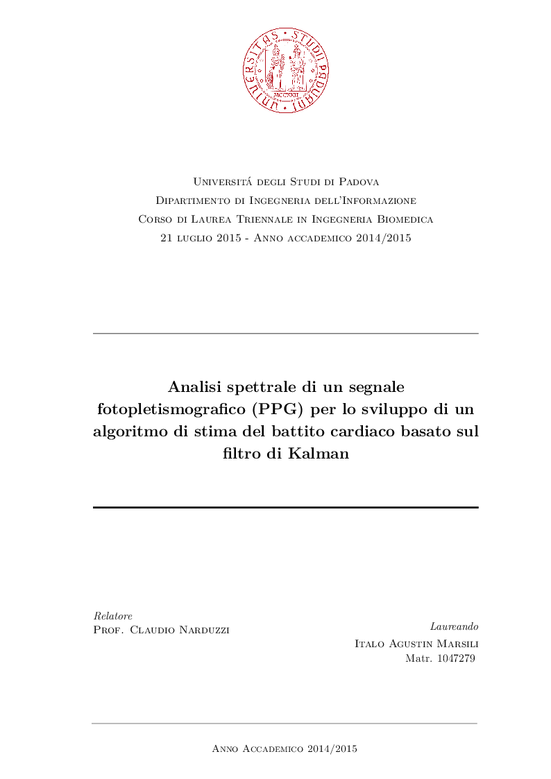 Anteprima della tesi: Analisi spettrale di un segnale fotopletismografico (PPG) per lo sviluppo di un algoritmo di stima del battito cardiaco basato sul filtro di Kalman, Pagina 1