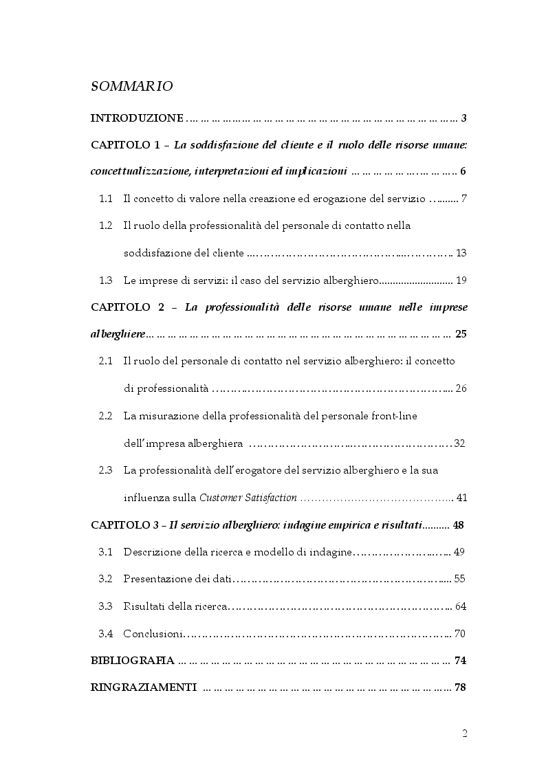 Indice della tesi: Il ruolo del personale di contatto nella soddisfazione del cliente nelle imprese di servizi: il caso del cliente d'albergo. Indagine empirica su Siracusa., Pagina 1