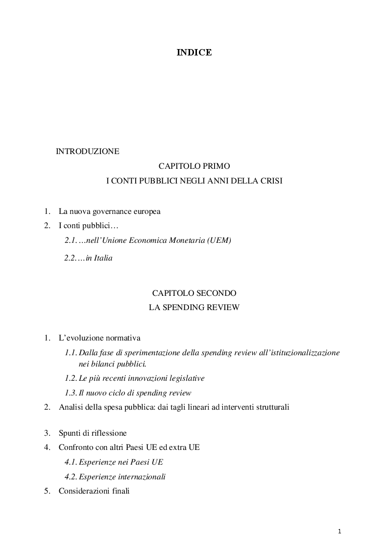 Indice della tesi: La spending review con particolare riguardo alla disciplina delle locazioni passive PA: il caso ISPRA, Pagina 1