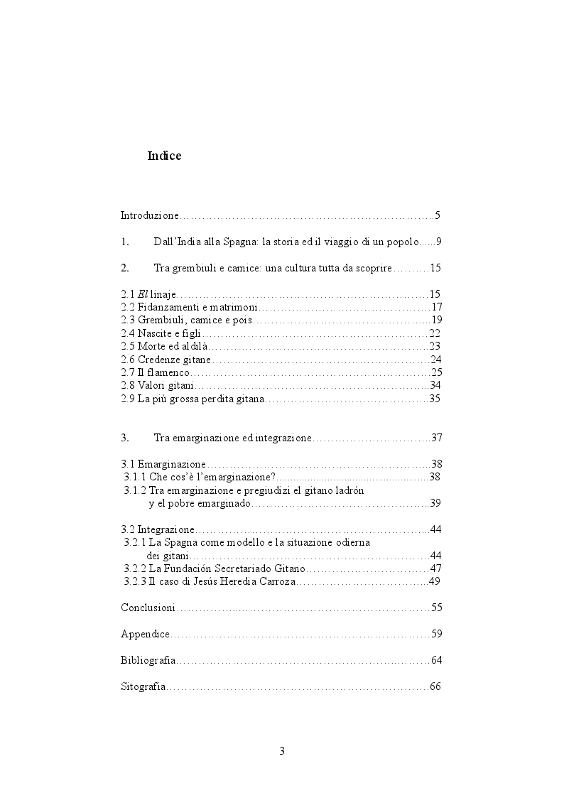 Indice della tesi: Cultura gitana tra emarginazione ed integrazione, Pagina 1