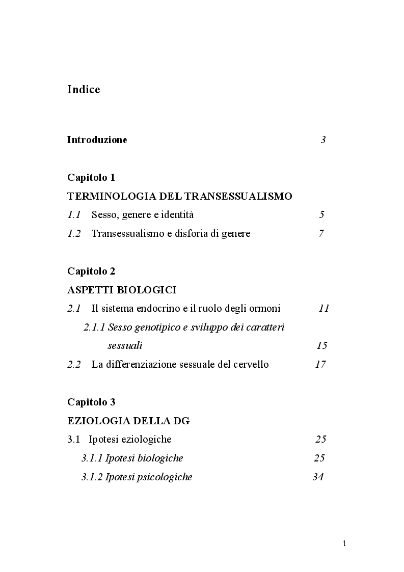 Indice della tesi: Correlati psiconeuroendocrinologici della Disforia di Genere, Pagina 1