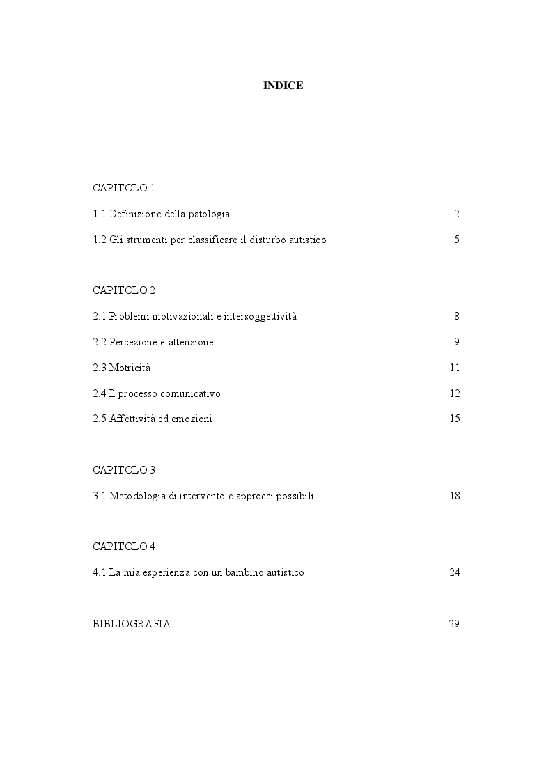 Indice della tesi: L'autismo infantile, Pagina 1