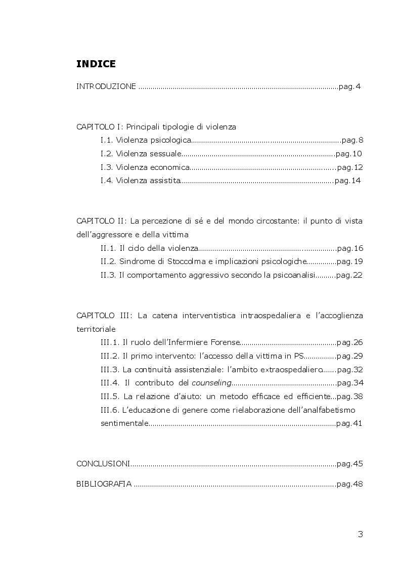 Indice della tesi: Il misconosciuto mondo degli abusi sulle donne: il ruolo rivestito dall’Infermiere Forense, Pagina 1