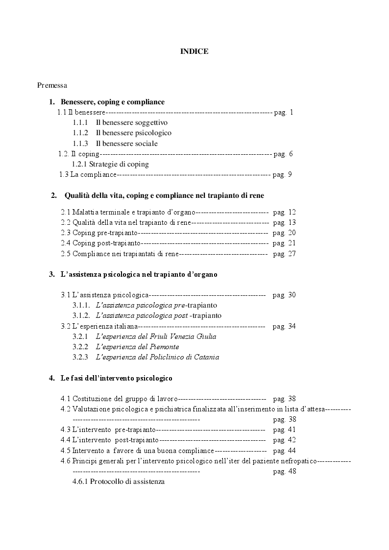 Indice della tesi: Assistenza psicologica e benessere nel trapianto di rene, Pagina 1
