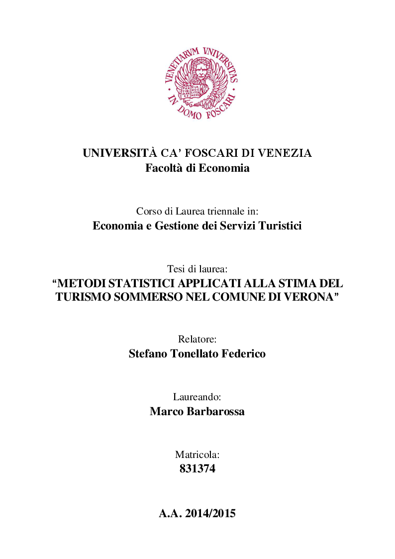 Anteprima della tesi: Metodi statistici applicati alla stima del turismo sommerso nel comune di Verona, Pagina 1