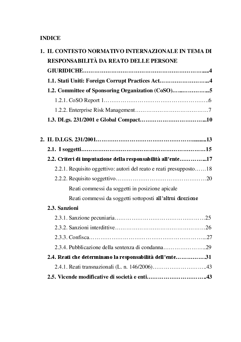 Indice della tesi: L'ERM nel contesto normativo internazionale ed impatto sulla disciplina italiana. Peculiarità ed effetti applicativi del D.Lgs. n.231/2001, Pagina 1