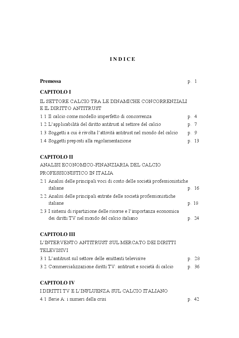 Indice della tesi: Diritti TV, il mondo del calcio tra business e ANTITRUST, Pagina 1