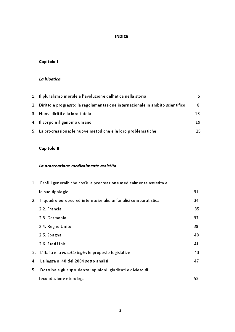 Indice della tesi: Fecondazione eterologa tra scienza e diritto. Questioni e prospettive di analisi, Pagina 1