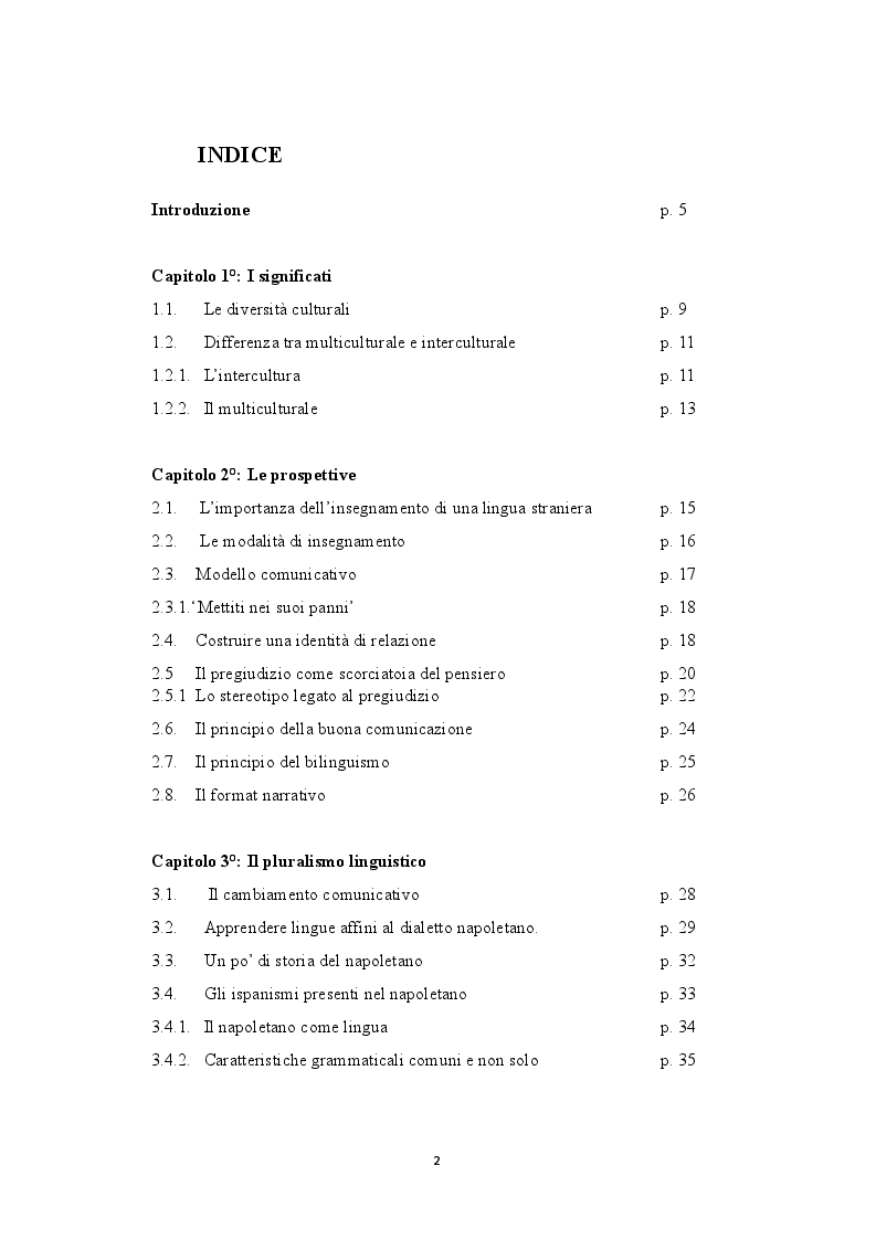 Indice della tesi: “Hola, Ciao” Itinerario mediale interculturale per l'insegnamento della lingua spagnola nella scuola primaria Napoletana, Pagina 1