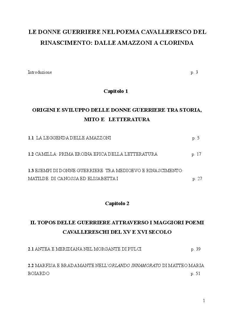 Indice della tesi: Le donne guerriere nel poema cavalleresco del Rinascimento: dalle amazzoni a Clorinda, Pagina 1