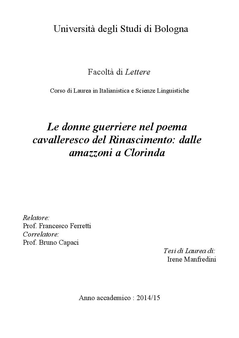 Anteprima della tesi: Le donne guerriere nel poema cavalleresco del Rinascimento: dalle amazzoni a Clorinda, Pagina 1