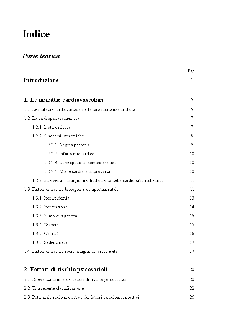 Indice della tesi: Conoscenze sulla malattia e outcome psicologico nella cardiopatia ischemica, Pagina 1