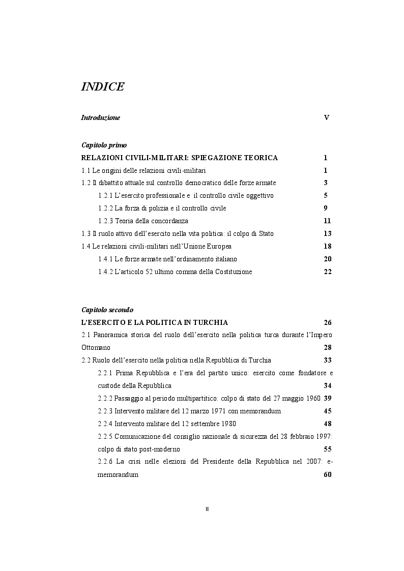 Indice della tesi: Il ruolo dell'esercito nel sistema politico-istituzionale turco, Pagina 1