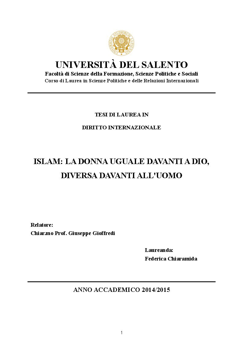 Anteprima della tesi: ISLAM: La donna uguale davanti a Dio, diversa davanti agli uomini, Pagina 1