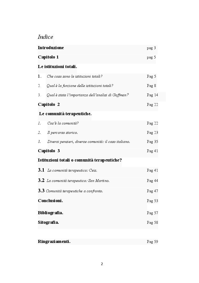 Indice della tesi: Istituzioni totali o comunità terapeutiche?, Pagina 1