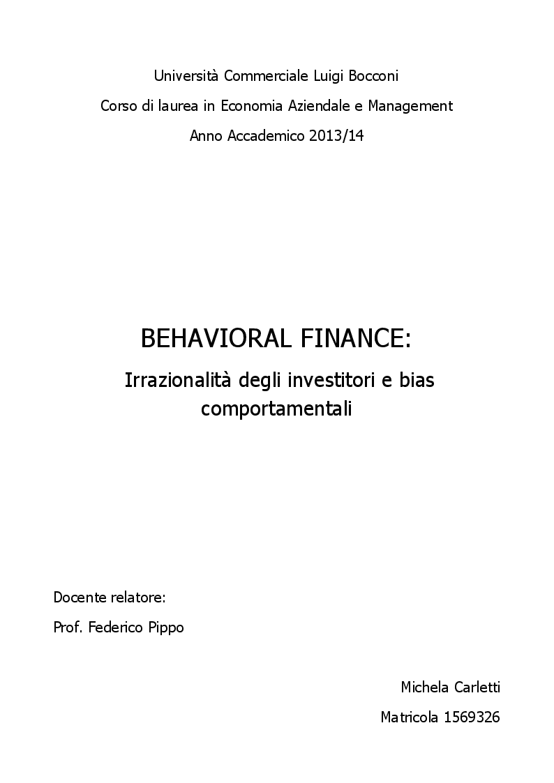 Anteprima della tesi: Behavioral Finance: Irrazionalità degli investitori e bias comportamentali, Pagina 1