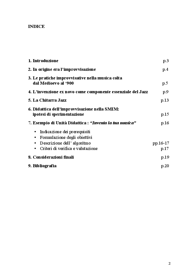 Indice della tesi: Didattica dell'improvvisazione nell'insegnamento della chitarra per le scuole medie ad indirizzo musicale, Pagina 1