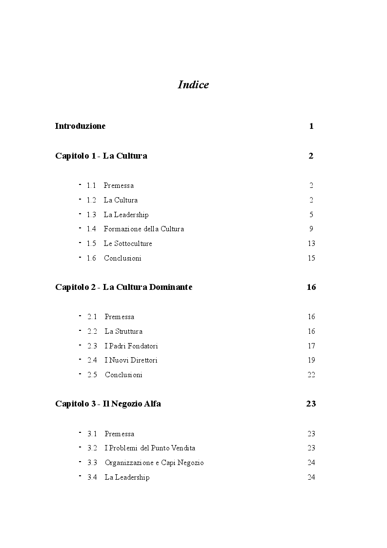 Indice della tesi: Leadership e cultura nelle cooperative: il caso "Family", Pagina 1